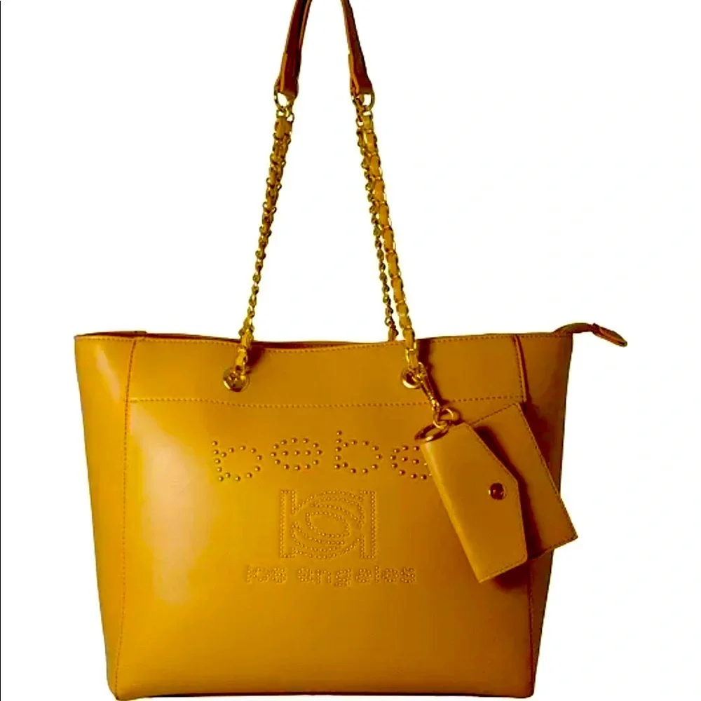 Bebe tan tote with beaded branding and card case